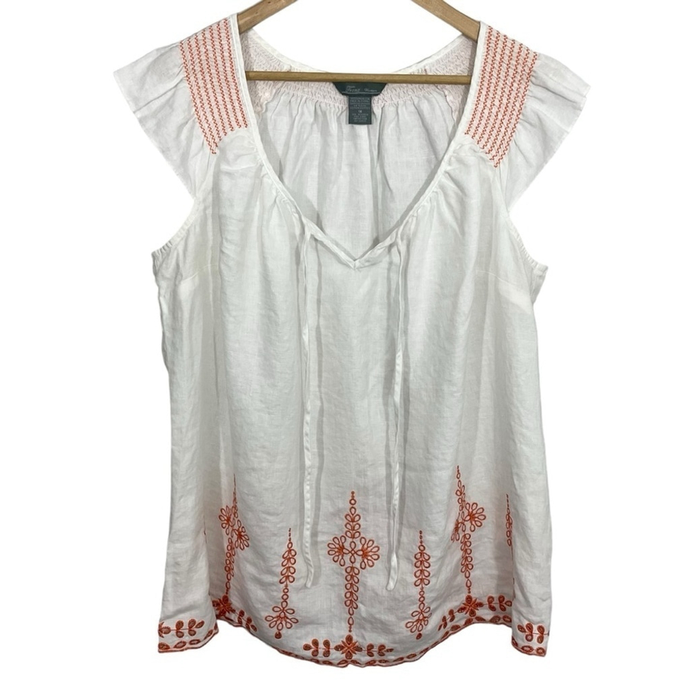 Frenz 100% Linen Summer Top Sz 1X White Orange Embroidery Boho Shirt Blouse EUC
